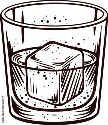 Hand drawn glass tumbler with a large ice cube, vintage sketch illustration, isolated on white background
