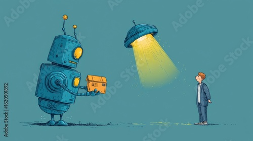 Cartoon robot delivering a futuristic glowing package to a human recipient, hovering effect, fun mix of future tech and humor, style cartoon