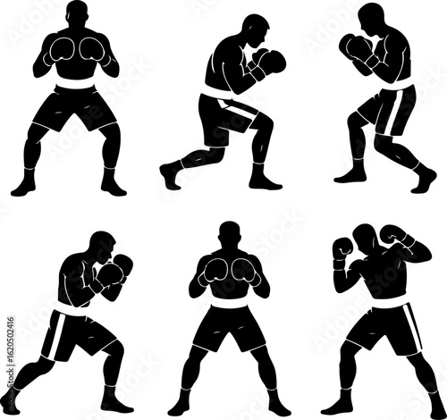 unique black silhouette vector illustrations of a boxer in guard stance
