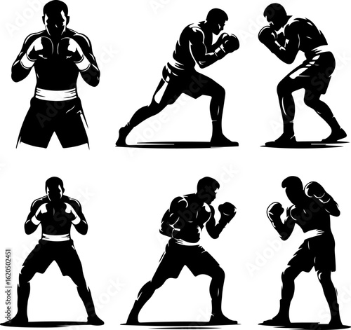 unique black silhouette vector illustrations of a boxer in guard stance