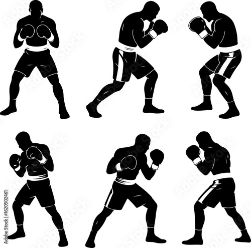 unique black silhouette vector illustrations of a boxer in guard stance