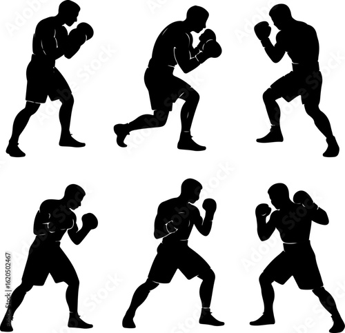 unique black silhouette vector illustrations of a boxer in guard stance