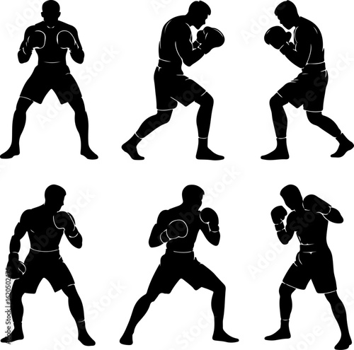 unique black silhouette vector illustrations of a boxer in guard stance