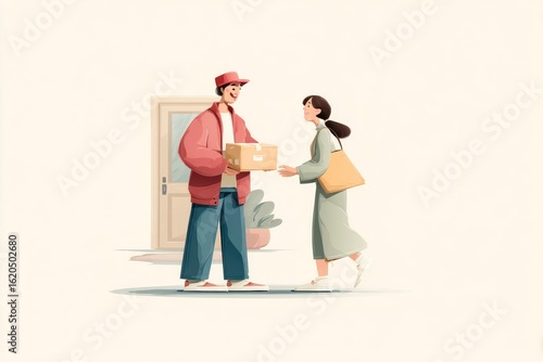 Courier handing a package to a happy customer in flat vector illustration, clear lines, neutral tones, optimized for infographics or onboarding screens, style flat vector