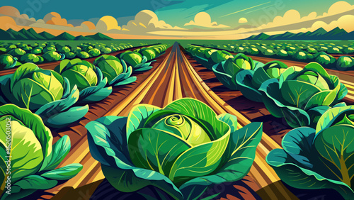 Vibrant green cabbages growing in neat rows stretch across rich soil under soft sunlight. Semi-realistic vector details highlight leafy textures, earthy tones, and the rhythm of organized agriculture.
