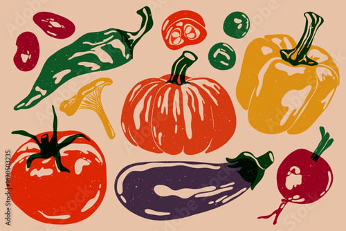 Vegetables risograph set. Organic natural food with rough texture, abstract colorful beans tomato eggplant beetroot peas and pepper. Vector healthy vegan food collection