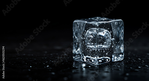 Transparent Ice Cube with Bubbles and Reflections.