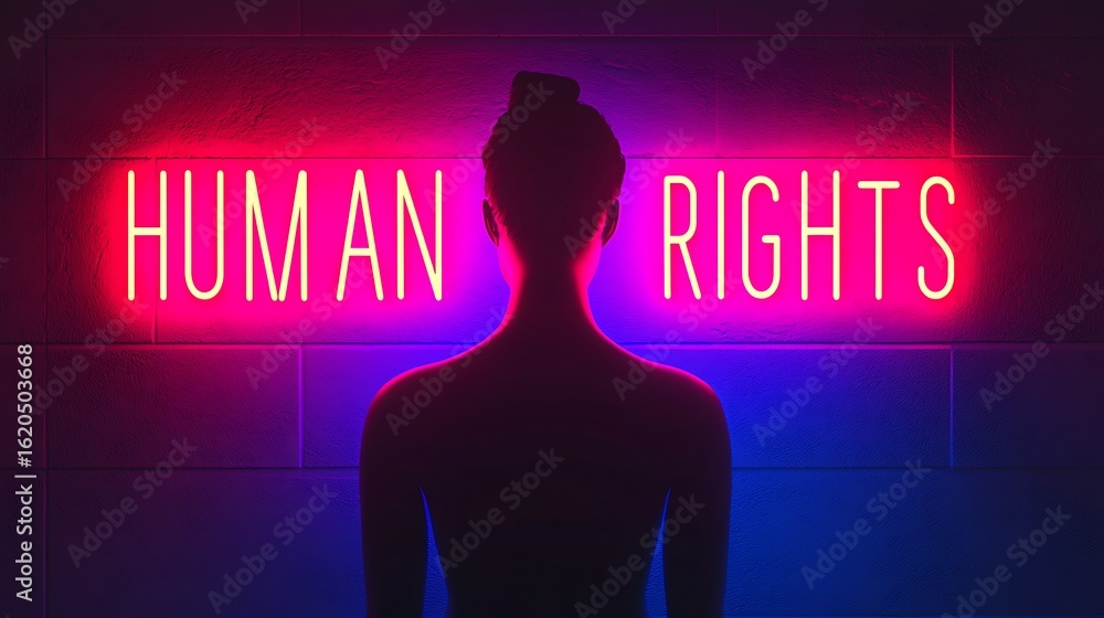 Fototapeta premium A silhouetted figure stands against a neon sign that reads 