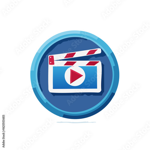 Cartoon film slate with play button media production movie symbol icon