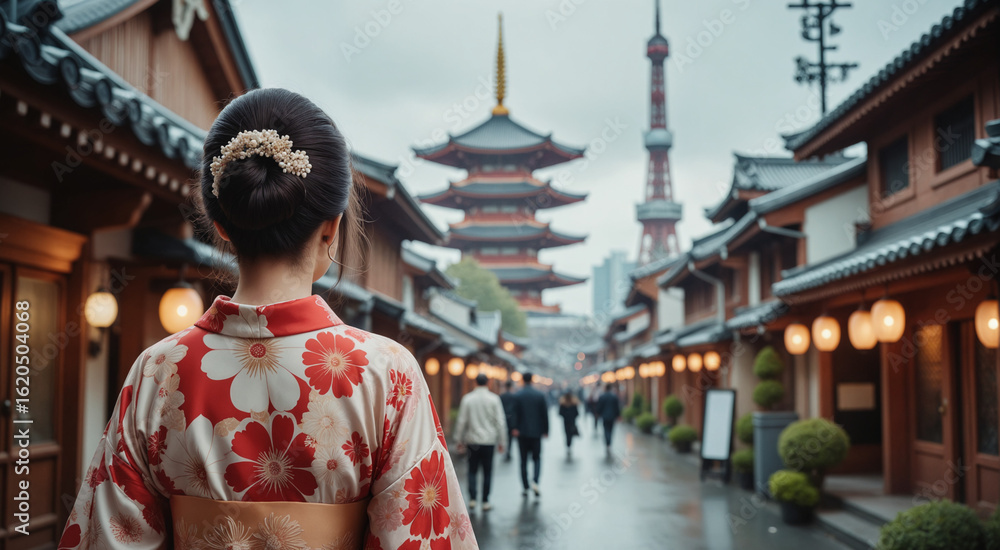 Fototapeta premium Traditional Asian Street Scene – Woman in Floral Kimono Admiring Historic Pagoda Tower for Cultural Tourism, Travel Photography, and Eastern Architectural Inspiration