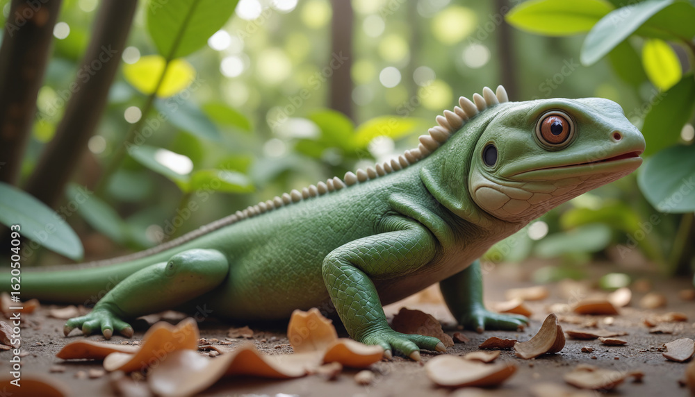 Obraz premium Green Iguana Resting In Tropical Jungle – Vibrant Reptile Among Forest Foliage for Wildlife Photography, Conservation Awareness, and Biodiversity Education