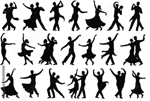 PrintBallroom dance silhouettes, elegant couple dancing poses, romantic dance art, graceful movement vector, waltz tango salsa illustration set