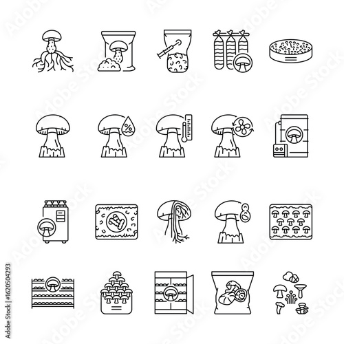 mushroom cultivation black line icon set for digital and print projects.