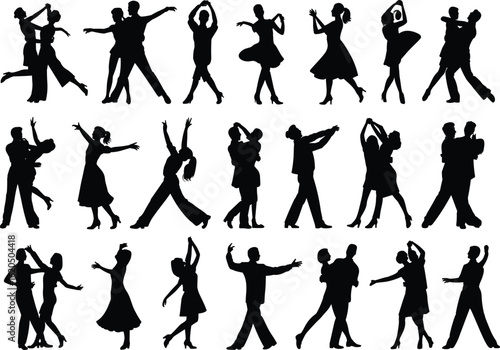 PrintBallroom dance silhouettes, elegant couple dancing poses, romantic dance art, graceful movement vector, waltz tango salsa illustration set