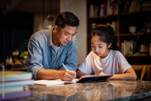 Asian male tutor helping teenage girl with homework at kitchen table, warm indoor lighting, digital tablet, school books, parent support atmosphere, inclusive education theme 