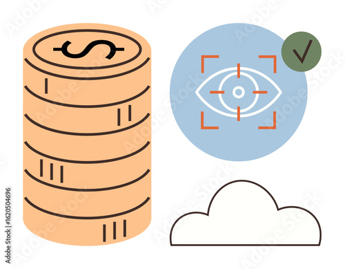 Vertical stack of coins, eye scanner with focus marks, checkmark, and cloud element. Ideal for finance, data security, verification, technology, cloud computing economy simple flat metaphor