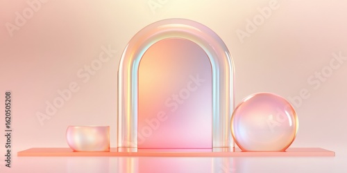 Abstract geometry pastel minimal modern glass arch sphere and bowl create elegant product display background with soft lighting and gradient colors. Product presentation mockup