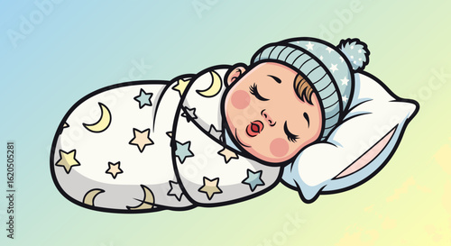 Adorable baby peacefully sleeping wrapped in a starry blanket.
