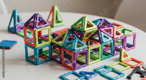 Creative construction with colorful magnetic building block toys for childhood development