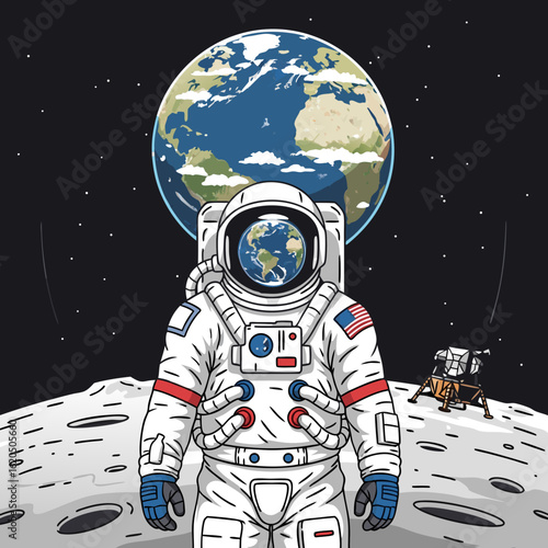 Astronaut standing on the moon with Earth in the background.