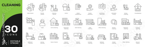 30 Cleaning Icons Set – Editable Stroke, Home, Office, Hotel, and Industrial Cleaning Symbols for Apps, Branding, and Sanitation Services