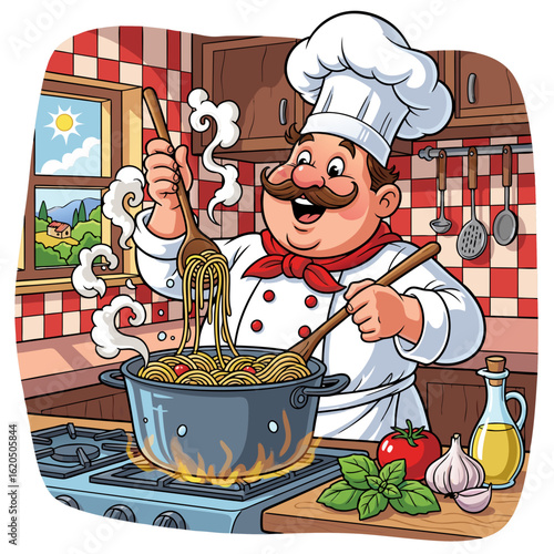 Cartoon Chef Cooking Spaghetti with Wooden Spoons in a Kitchen Setting.