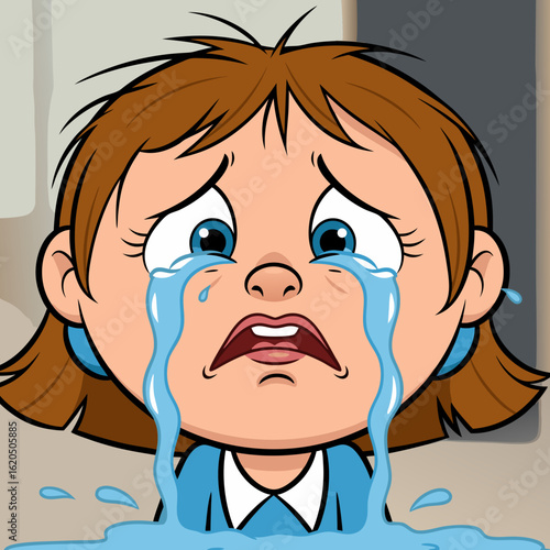 Cartoon girl with brown hair crying profusely with large blue eyes and a blue dress.