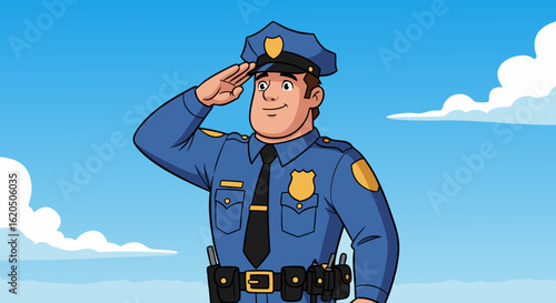 Cartoon Police Officer Saluting with Duty Belt and Badge.