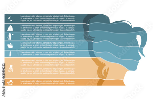 Top view of tropical beach. Double exposure portrait of young woman and seashore. Features or option of project to select. Minimal infographic for business and travel information visualization.