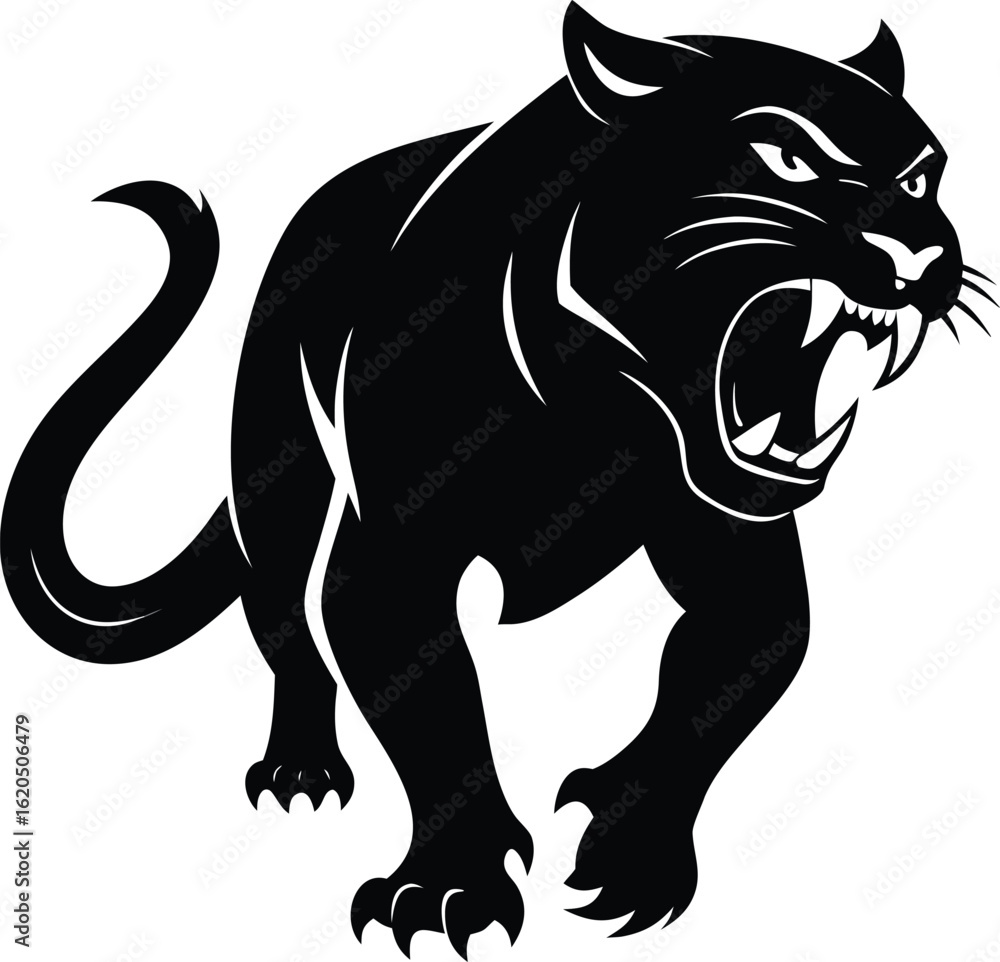 Obraz premium black cat vector illustration, angry wildcat hunting, silhouette vector icon isolated on transparent background