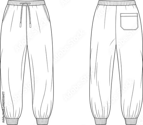 Sweatpants fashion cad drawing, front and back view, ribbed cuff, drawstring waist, vector sketch technical flat illustration