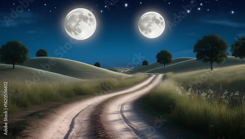 Mysterious night scene featuring a curving path through dark hills beneath a sky with two glowing moons