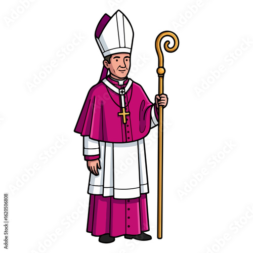 Catholic bishop, wearing a magenta cassock, white surplice, white mitre with purple lining, holding a curved gold crozier. Vector flat design cartoon. AI generated images.