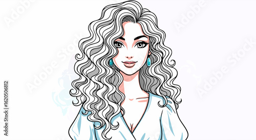 Elegant Woman with Voluminous Wavy Hair and Teal Earrings.