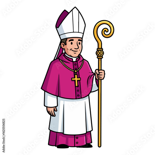 Catholic bishop, wearing a magenta cassock, white surplice, white mitre with purple lining, holding a curved gold crozier. Vector flat design cartoon. AI generated images.