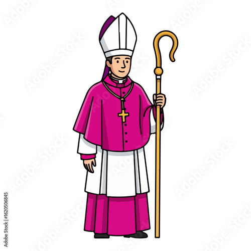 Catholic bishop, wearing a magenta cassock, white surplice, white mitre with purple lining, holding a curved gold crozier. Vector flat design cartoon. AI generated images.