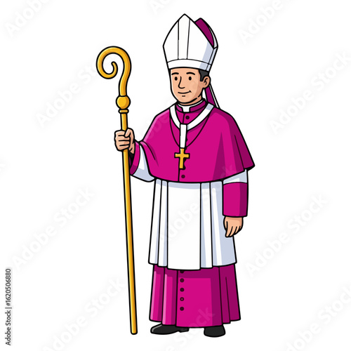 Catholic bishop, wearing a magenta cassock, white surplice, white mitre with purple lining, holding a curved gold crozier. Vector flat design cartoon. AI generated images.