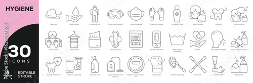 Healthcare & Hygiene Icons – 30 Editable Stroke Vector Set for PPE, Antiseptic Care, Baby Wash, and Surface Protection