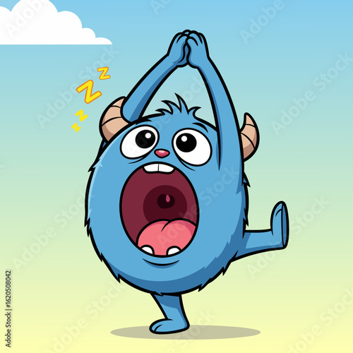 Sleepy blue furry monster character yawning widely while stretching in a funny pose.