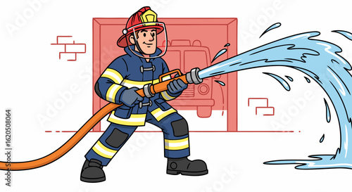 Smiling cartoon firefighter in full protective gear spraying a powerful jet of water from a fire hose.