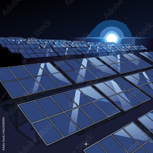 Stylized illustration of a solar panel farm at night reflecting a bright celestial body in the dark sky.