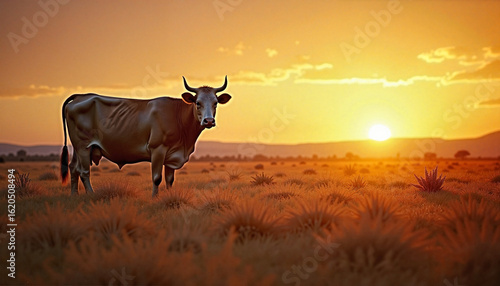 A Cow Peacefully Stands Against a Golden Sunset Landscape