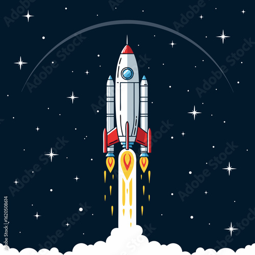Stylized white and red cartoon rocket ship launching with fiery boosters and exhaust.