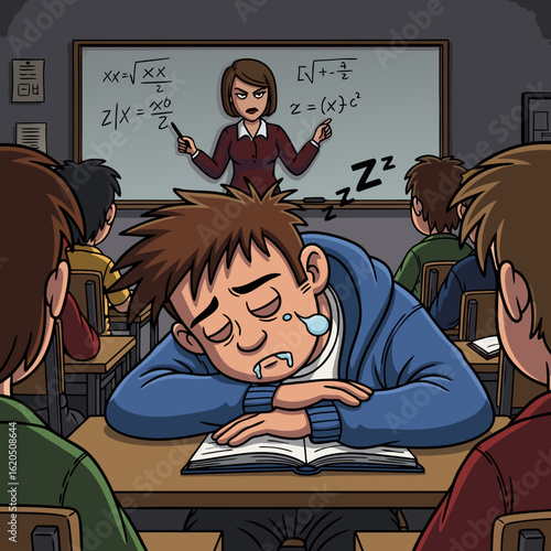 Tired cartoon student with spiky brown hair sleeping and drooling on his desk in class.