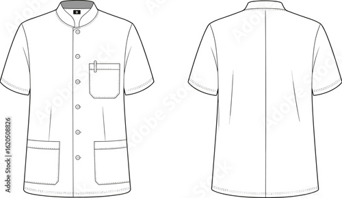 Short sleeve buttoned medical scrub shirt, mandarin collar, front and back view, flat sketch, technical fashion vector template