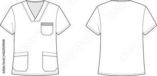 Short sleeve medical scrub top, front and back view, V-neck design, flat sketch, technical vector fashion template