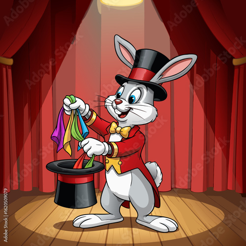 Whimsical Rabbit Magician Pulling Colorful Scarves from Top Hat.