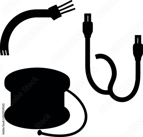 Fiber optic cable, wire spool, and usb connectors for data communication and networking isolated on white background, vector illustration