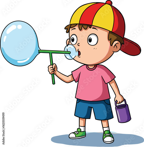 Cartoon boy blowing bubble, wearing colorful cap, holding bubble wand, cute child activity illustration, summer fun, kids playtime, isolated vector