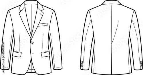 Men’s formal blazer front and back view, flat technical fashion sketch, tailored jacket CAD drawing, vector illustration template